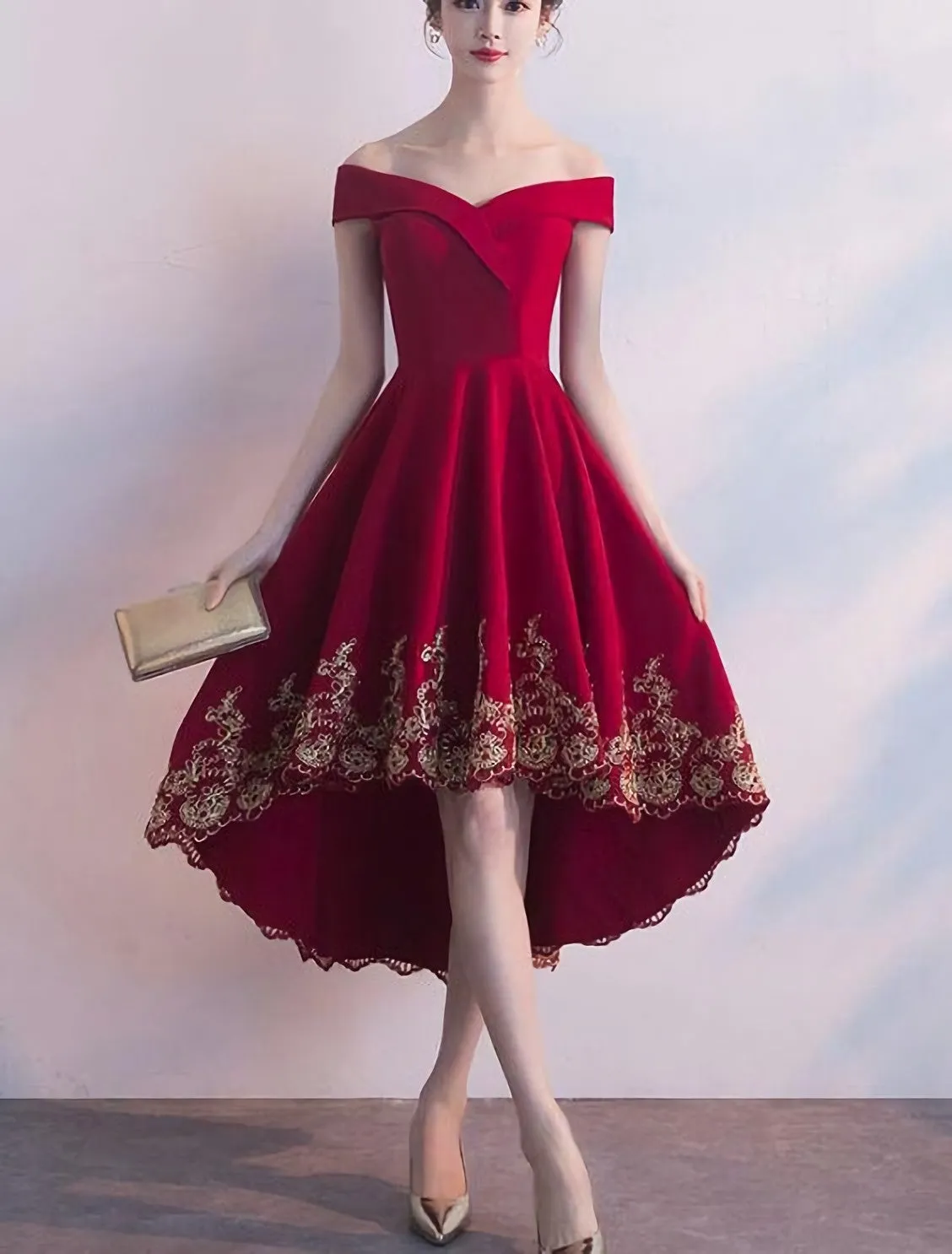 Beautiful Red High Low Party Dress With Gold Applique Stylish Formal Dress Cute Party Dress Homecoming Dress