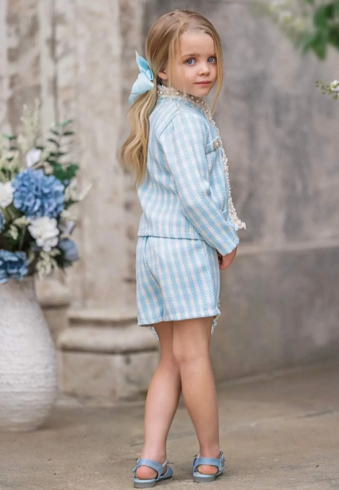 Chic Blue Striped Jacket and Shorts Set