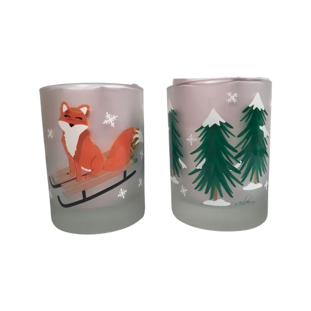 Culver Mid-Century Signed Christmas Fox Double Old Fashion Glasses (Set of 2)