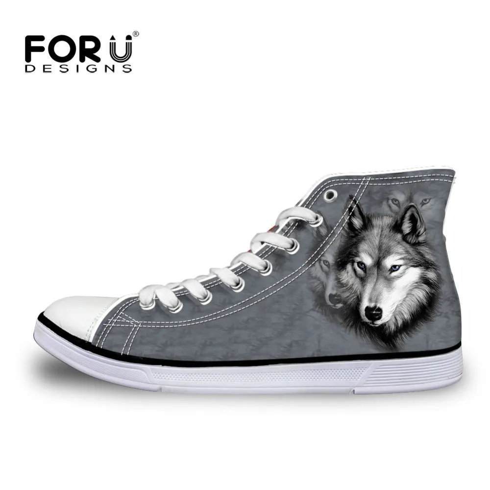 FORUDESIGNS Fashion Mens Casual Shoes 3D Animals Wolf High Top Shoes,Pet Dog Husky Printed Flats Man Canvas Shoes Male Footwear