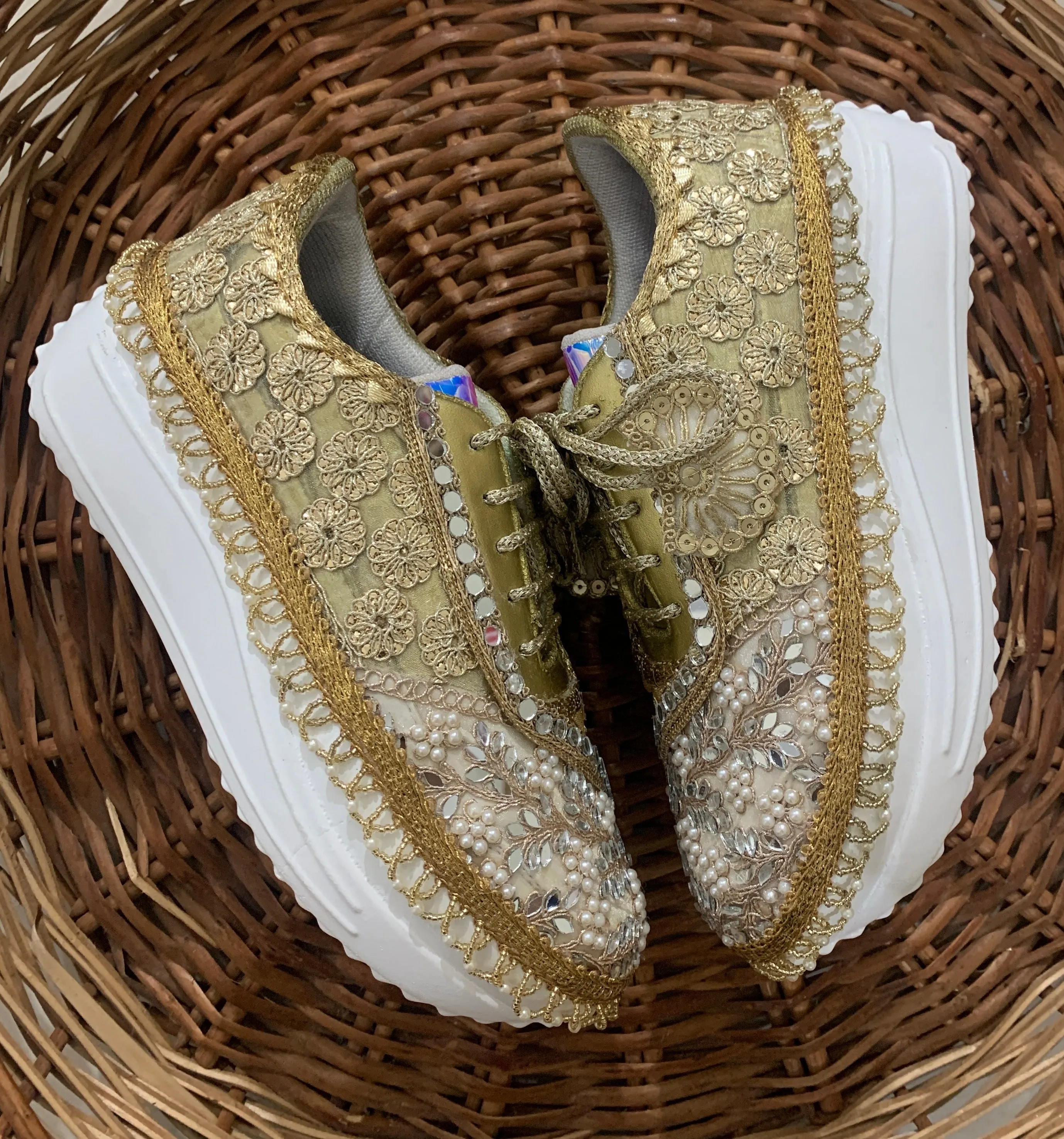 Funky N Trendy hand crafted gottapatti with mirror work bridal sneakers/ bridesmaid sneaker / golden sneakers/ gold sneakers / mirror sneakers