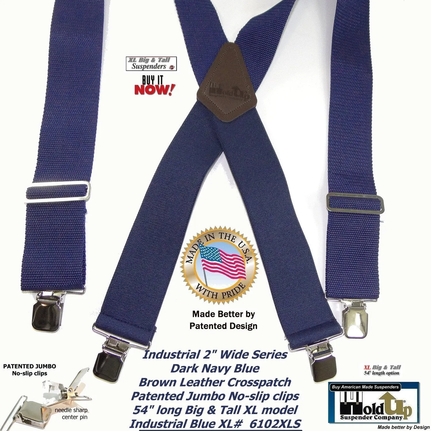 HoldUp Brand XL BLUE Industrial 2" Wide Non-elastic Suspenders with No-slip Jumbo Silver Clips