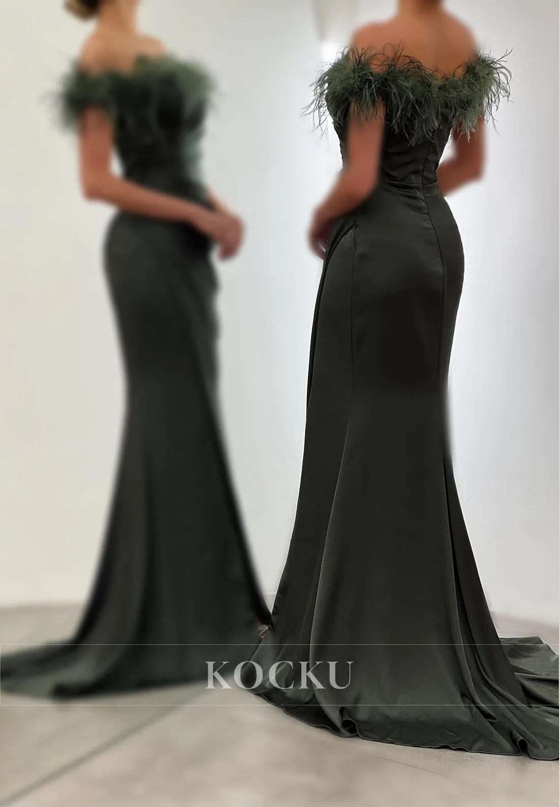 L3083 - Chic & Modern Off-Shoulder Mermaid Split Evening Party Prom Dress With Feather