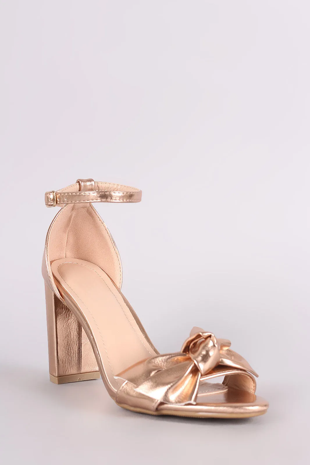 Metallic Knotted Bow Ankle Strap Chunky Heel