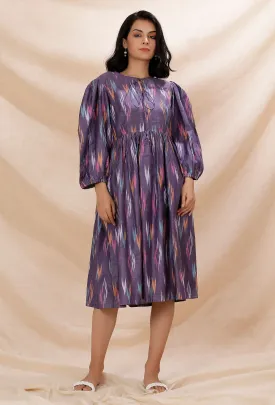 Purple Gathered And Flared Cotton Ikkat Dress