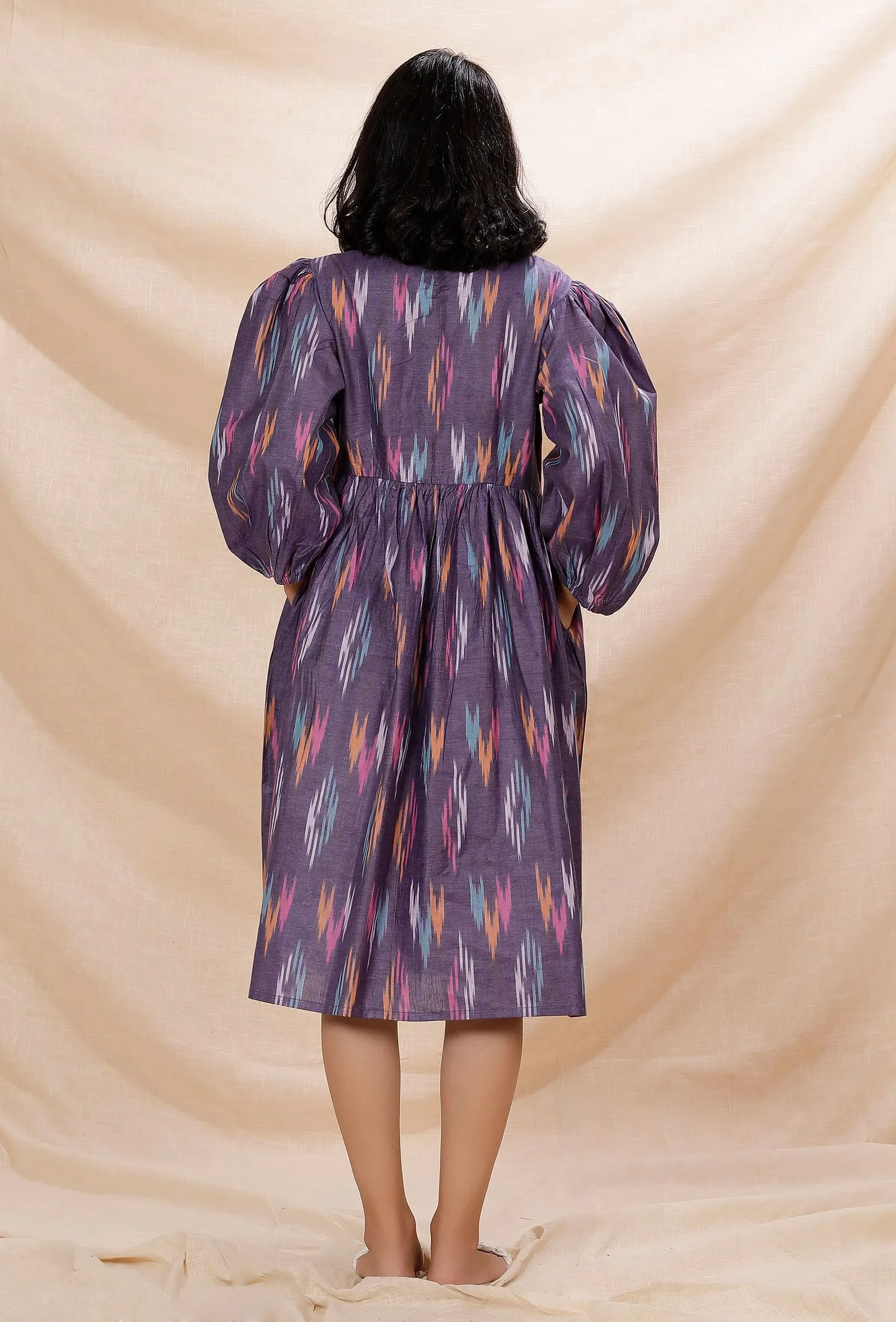 Purple Gathered And Flared Cotton Ikkat Dress