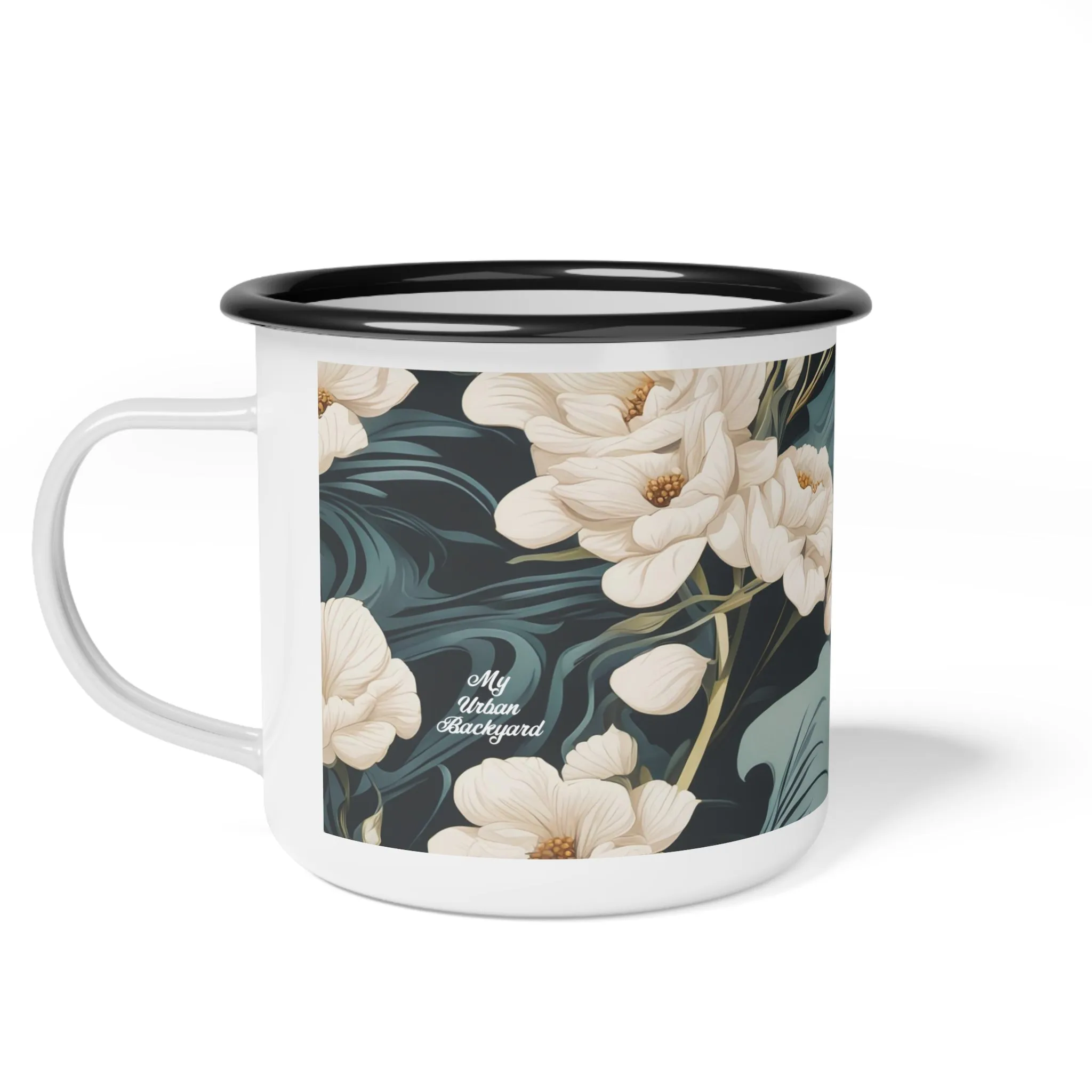 Winter Flowers, Enamel Camping Mug for Coffee, Tea, Cocoa, or Cereal - 12oz