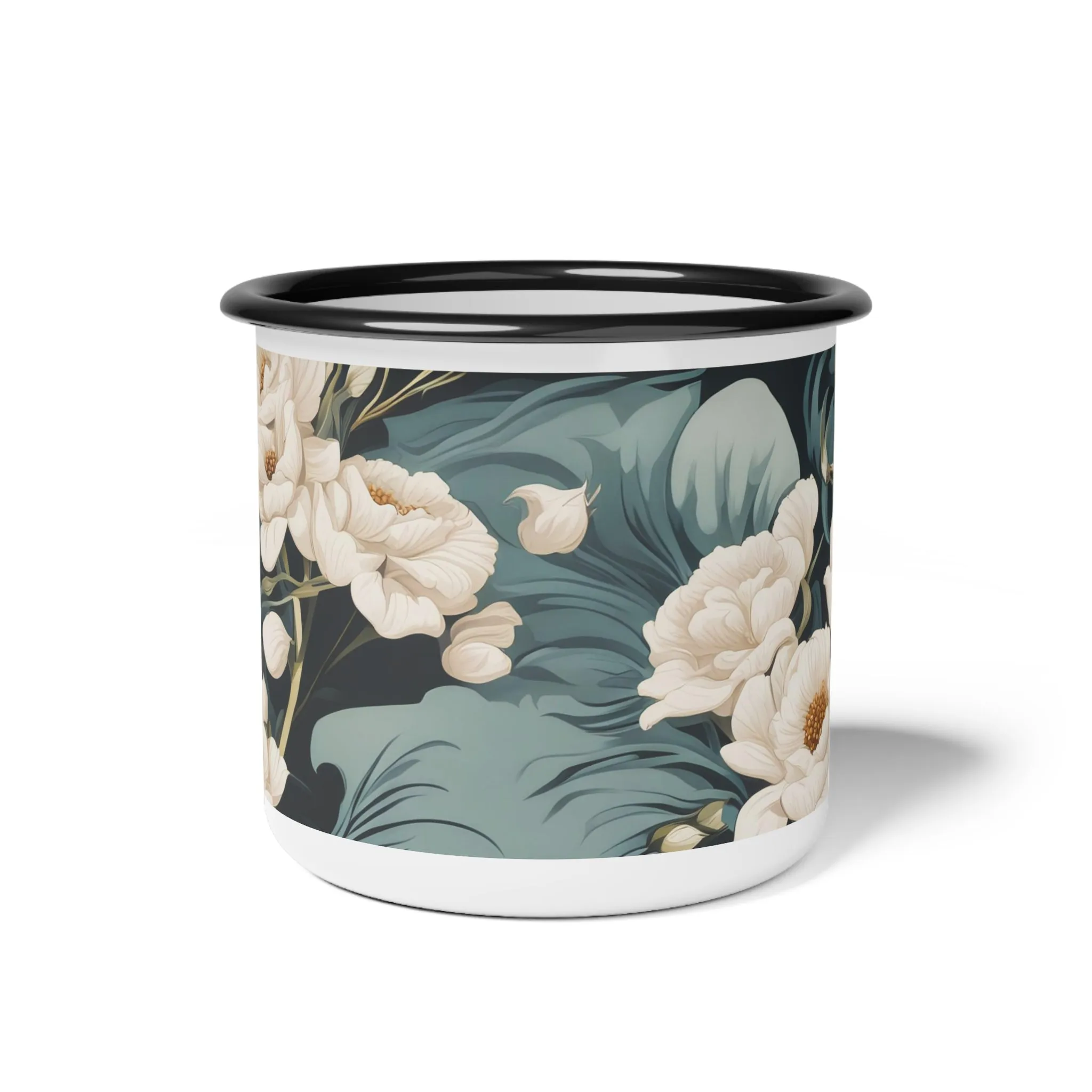 Winter Flowers, Enamel Camping Mug for Coffee, Tea, Cocoa, or Cereal - 12oz